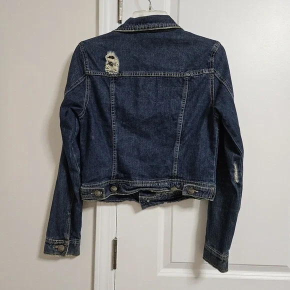 Free People Denim Jacket Womens 4 Blue Distressed Cropped Button Front Bohemian - Picture 10 of 10